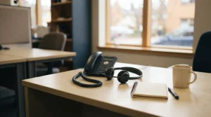 Telefonhörer und Kopfhörer auf einem hellen Arbeitsplatz neben einem kleinen Notizblock