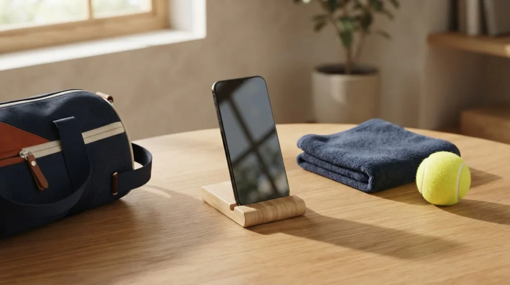 Smartphone und Sportgeräte neben einer schlichten Tasche auf einem Tisch