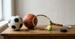 Fußball, Basketball, Tennisschläger und Eishockeypuck auf einem Holztisch