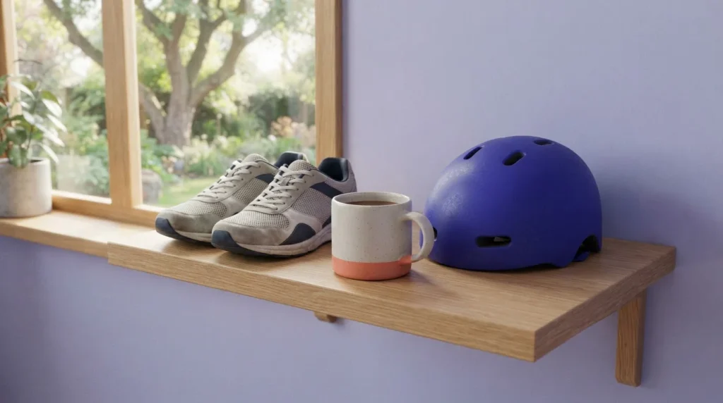 Turnschuhe, Fahrradhelm und Tasse auf einem Holzregal als Zeichen einer Pause vom Wettalltag