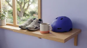 Turnschuhe, Fahrradhelm und Tasse auf einem Holzregal als Zeichen einer Pause vom Wettalltag