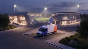 Fernsehübertragungswagen mit Satellitenschüssel neben einem beleuchteten Stadion