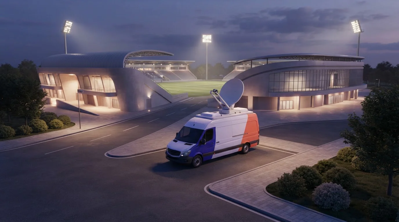 Fernsehübertragungswagen mit Satellitenschüssel neben einem beleuchteten Stadion