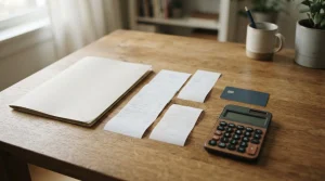 Geschlossene Dokumentenmappe neben neutraler Bankkarte und sortierten Papierbelegen